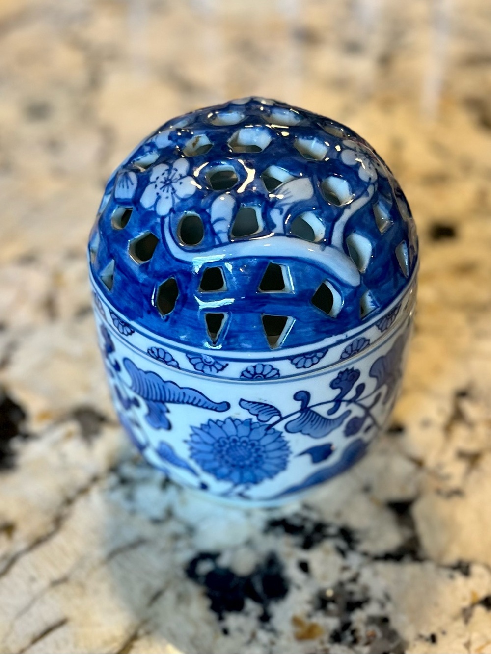 Blue & White Asian Porcelain Floral Jar for Flower Arranging with Flower Frog - Picture 2 of 7